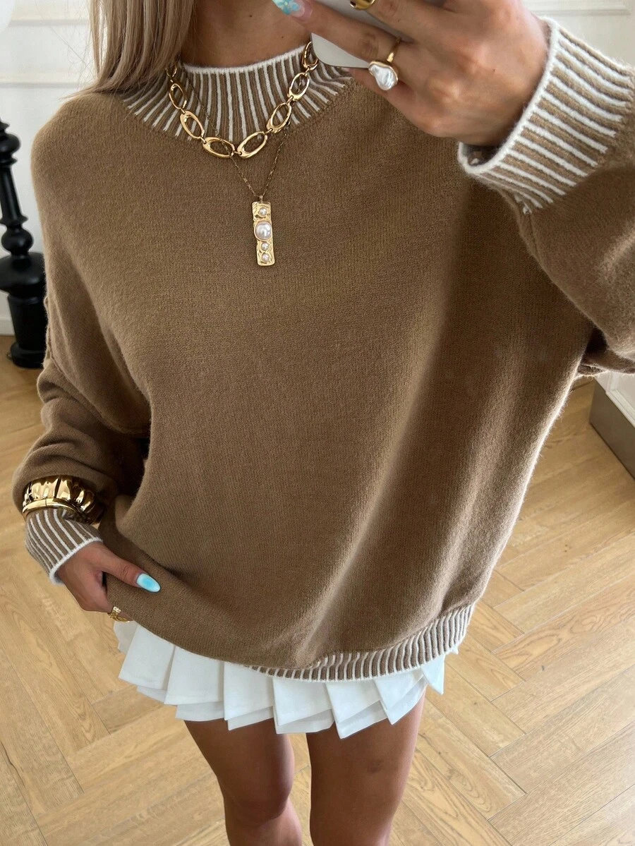 Livesso Women's Casual Loose Fit Contrast Color Chunky Knit Sweater, Autumn - Coffee Brown - View 1