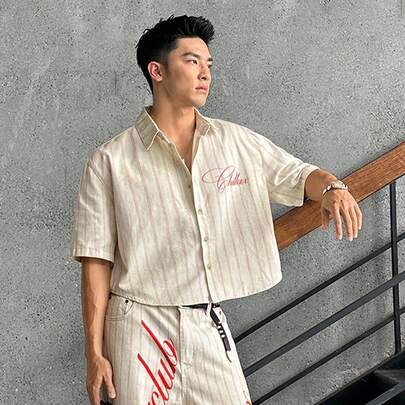남성용 레터 스트라이프 반팔 싱글 브레스트 캐주얼 루즈 데님 셔츠
