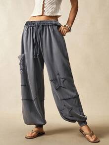 Bohemela 乡村度假休闲纯色针织低腰宽松女裤 - 深灰色 - 查看 5