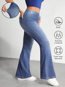 SHEIN Essnce 大码女式松紧腰口袋喇叭腿休闲牛仔裤 - 藍色 - 查看 1