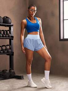 Powerista Shorts esportivos casuais de verão com patchwork e blocos de cores - Azul - Ver 4