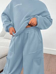 SHEIN Tween Girls Loose Casual Versatile Reflective Print Pullover Hoodie And Drawstring Hem Sweatpants Set Blue Two Piece Set Girl Co Ord Sets Casual Two Piece Set Fall Winter - Baby Blue - View 3