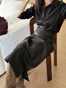 DAZY Conjunto de 2 piezas elegante de chaqueta de manga larga de un solo botonadura de unicolor y falda midi para mujer - Negro - Ver 4