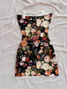 Soleia 大码女式度假花卉油画印花修身迷你连衣裙，休闲日常百搭连衣裙，适合约会、下午茶、海滩、邮轮、公路旅行、所有季节、婚礼季节、春夏季度假、邮轮、海岛度假、音乐节、波西米亚度假 - 彩色 - 查看 2