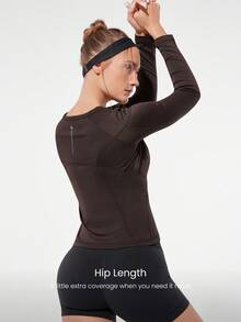 GLOWMODE Ready Set Win Comfy Warm Reflective Logo Hip Length Knit Long-Sleeve Top With Thumbholes Running Hiking Gym - Chocolate Brown - View 2