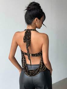 Aloruh Nueva blusa sin mangas con escote pronunciado y estampado de leopardo semitransparente, con decoración metálica moderna, adecuada para eventos formales, festivales de música y citas elegantes