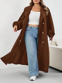 SHEIN CURVE+ 大码女式黑色长款风衣，黑色长袖简约休闲日常夹克大码风衣 8xl 女式外套 Curve 风衣大码秋季外套，女式秋季服装，女式秋季服装，冬季，CURVE PLUS - 棕色 - 查看 6