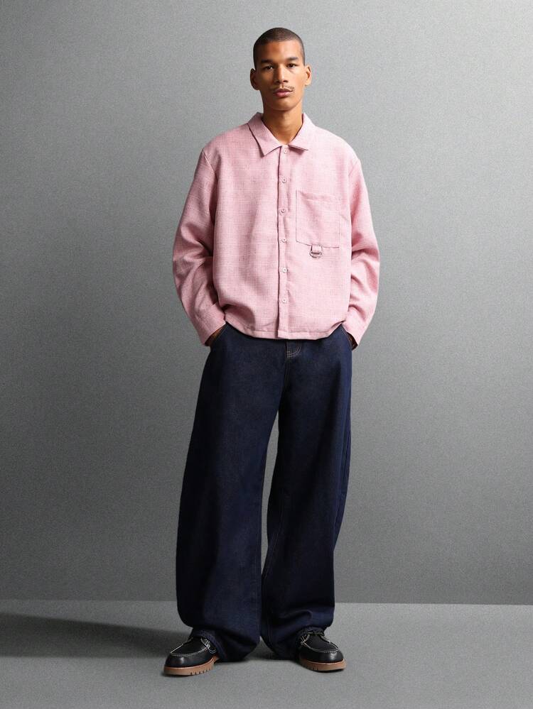 Linen Feel Textured Button Down Shirt With Chest Pocket