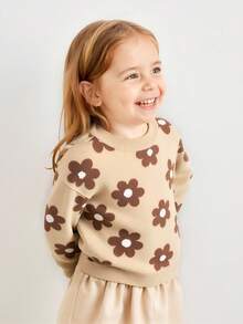 Cozy Pixies Suéter de cuello redondo de manga larga con estampado floral para niña, versátil y cómodo - Multicolor - Ver 4