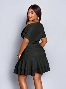 Vestido mini elegante de fiesta y día con cuello asimétrico, mangas largas, recogido y doble volante, de punto color albaricoque para mujer - Dark Blue - Ver 8