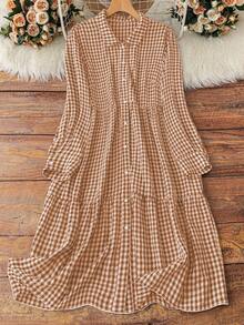 Vestido midi elegante casual de manga larga con botones y diseño a cuadros para mujer de talla grande - Café integral - Ver 1