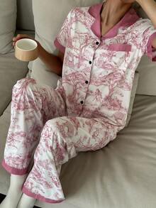 SHEIN 中国风动植物印花撞色拼布翻领短袖睡衣套装真丝睡衣套装女士睡衣套装粉色睡衣套装印花睡衣套装动物印花睡衣套装 - 粉色 - 查看 4