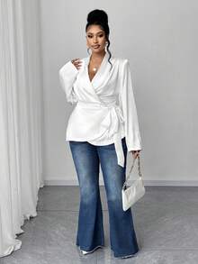 Maweii 加大码白色系带修身正装外套，适合工作和休闲穿着 - 白色 - 查看 6