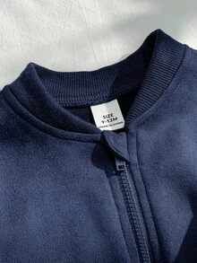 SHEIN Chaqueta de béisbol casual para bebé niño/niña, de tela suave tipo, con bolsillos decorativos, corte relajado, versátil y a juego con todo, estilo callejero cómodo y sencillo, adecuado para salidas, otoño - Azul Marino - Ver 4