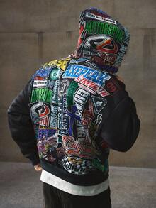 AXEPEAK Men's Autumn Letter Print Zip-Up Hoodie Sweatshirt, Streetwear, For Fall Winter