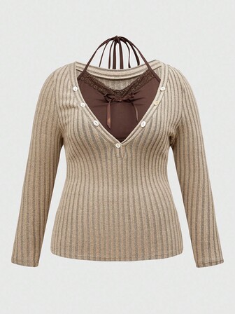 Plus Size Vintage 2 In 1 Versatile Casual Long Sleeve T-Shirt For Women