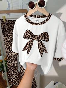 Conjunto de 2 piezas de estilo vintage con estampado de leopardo y lazo: camiseta de manga corta de cuello redondo holgada y pantalones acampanados para adolescentes y chicas, para estilo callejero, casual, deportivo, picnic al aire libre, salidas, fotografía callejera, hogar, campus - Multicolor - Ver 5