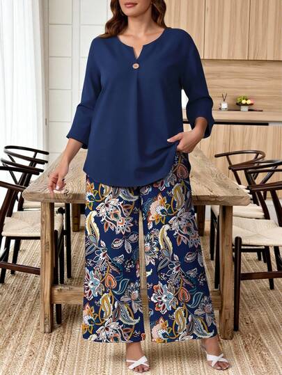 EMERY ROSE Plus Size Navy Top & Colorful Paisley Print 2 Pieces Casual Set