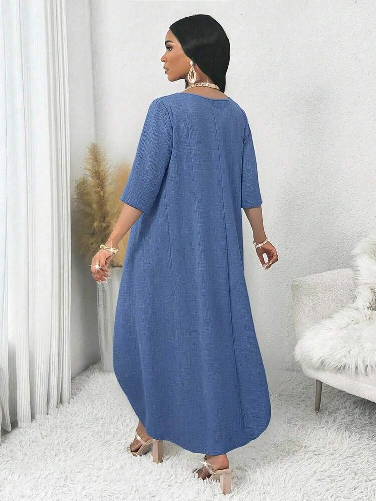 SHEIN Lady 加大码纯色宽松女式上衣和阔腿裤两件套 - 藍色 - 查看 2