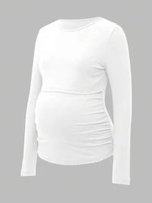 Modmama 休闲纯色圆领长袖高弹力哺乳上衣 - 卡其色 - 查看 11