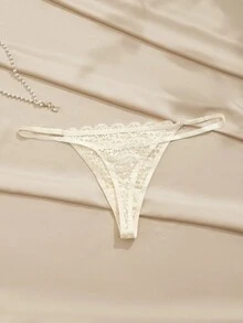 Charlaine 法式性感镂空蕾丝诱惑透明低腰丁字裤 - 杏色 - 查看 2