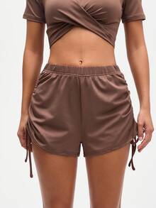 SHEIN Sports Women's High-Waisted Cocoa Brown Drawstring Ruched Sport Shorts, Brown Athletic Skirt - Brown - View 3