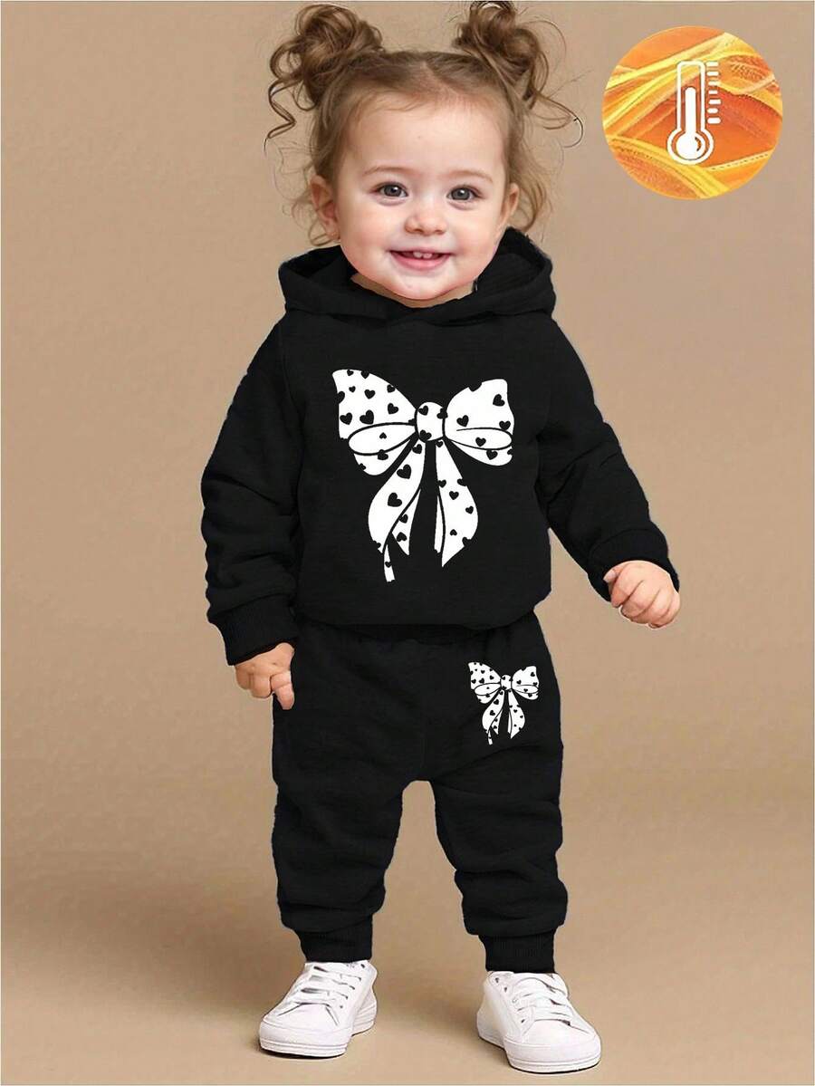 Playful Pals 2 件套女婴服装，简约可爱波尔卡圆点心形蝴蝶结印花连帽羊毛衫和心形蝴蝶结印花羊毛裤，适合秋冬季外出 - 黑色 - 查看 1