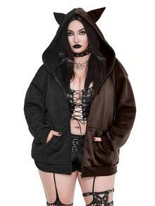 SHEIN Whyspr Áo nỉ trùm đầu có dây rút, khóa kéo nhiều màu cỡ lớn, mùa thu - Nhiều màu - Xem 3