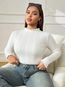 Solflare Camiseta de manga larga con cuello alto blanca versátil y casual para mujer de talla grande