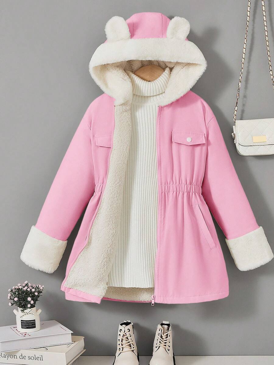 秋冬款 Tween Girl 人造毛皮拼布编织纯色保暖内衬连帽夹克,配有可爱 3D 耳朵 - 淺粉色 - 查看 1