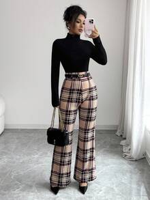 Elenzga 25-30+ High Waist Plaid Straight Leg Elegant Women Pants, Casual Autumn, Christmas