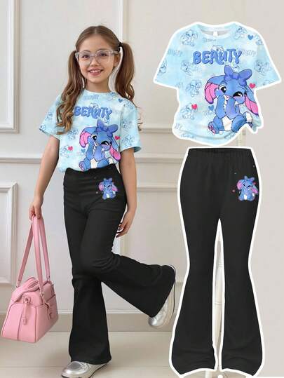 SHEIN Leap Crew 2pcs Cute Cartoon Blue Rabbit Lulu, Stitch Pattern, Fresh Ocean Blue Tie-Dye Tween Girl Casual Loose Round Neck Short Sleeve T-Shirt And Flare Pants Set, Summer Outfits , Easy Comfort, Autumn Layers For Kids, Stylish Kids, Casual Wear, Kids Graphic Clothes, Back To School, Fall Clothes, Homecoming