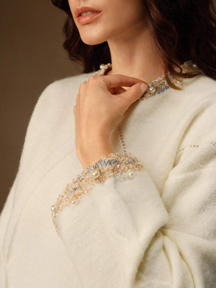 Round Neck Colorblock Floral Mesh Beaded Design Soft Elegant Loose Fit Women Sweater, Suitable For Fall, Winter, New Year, Elegant, Chic, Stylish, Christmas, Going Out, Cozy