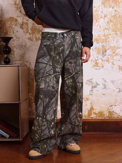 EASEVO Plus Size Men's Casual Branch Print Denim Jeans