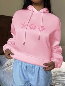 Attitoon 休闲简约海星印花连帽长袖宽松加厚女式卫衣，夏季粉色卫衣，可爱卫衣，贝壳卫衣，海星卫衣，芙蓉花卫衣，适合秋冬季节穿着。 - 淺粉色 - 查看 6