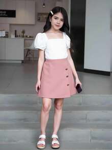 青少女純色泡泡袖上衣和裙子套裝 - 粉色 - 查看 1