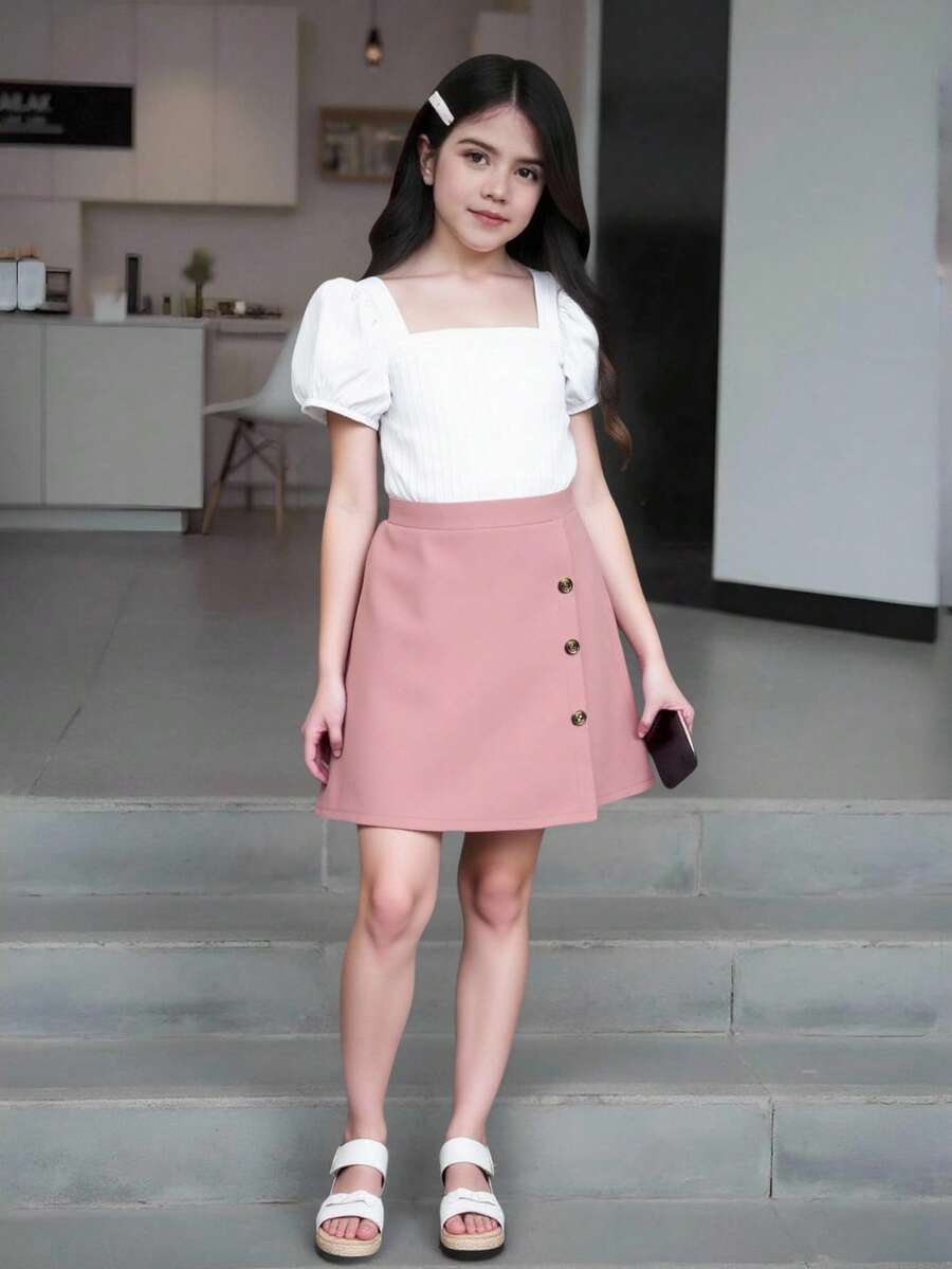 青少女純色泡泡袖上衣和裙子套裝 - 粉色 - 查看 1