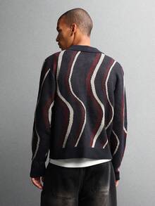 SUMWON 纽扣针织开衫斜波浪纹针织毛衣秋冬休闲装经典复古风格翻领钩针纹理针织衫 - 彩色 - 查看 2