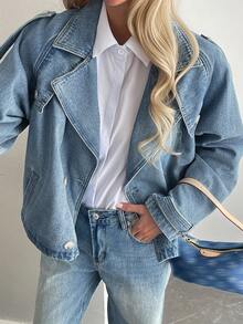 Livesso 女式宽松翻领牛仔夹克，秋季 - 藍色 - 查看 3