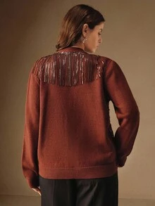 Anewsta Plus Size Tassel, Pearl Decor Long Sleeve Knitted Cardigan - Coffee Brown - View 2