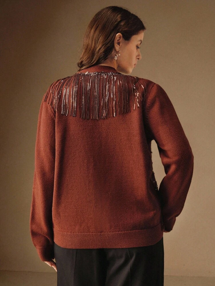 Plus Size Tassel, Pearl Decor Long Sleeve Knitted Cardigan