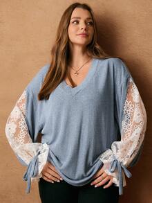 Rosumi Plus Size Lace Patchwork V-Neck Colorblock Sheer Long Sleeve Sweatshirt, , ,Plus Size  Elegant Casual,Spring - Blue - View 6