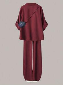 Linhara Ensemble 2 pièces décontracté pour femmes grandes tailles, chemise décontracté/de travail à col rabattu boutonnée d'une seule rangée de couleur unie et pantalon large à taille haute ample - Rouge foncé - Voir 2
