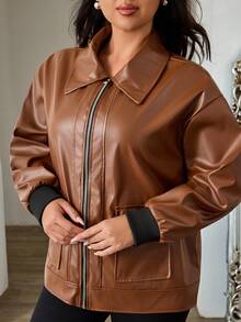 EURMUSE Veste décontractée ample à manches longues en PU avec fermeture éclair pour femmes, printemps et automne, plus hiver - Rouge foncé - Voir 5