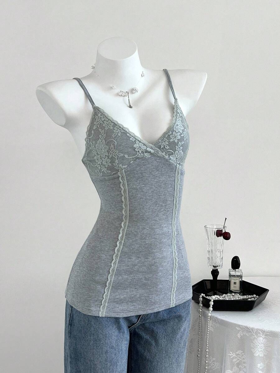 Elamini Women's V-Neck Lace Patchwork Summer Vacation Wear Knitted Stretch High-Waisted Ribbed Casual Sexy Tank Top - Grey - View 1