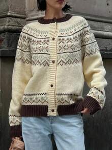 Livesso Women's Colorblock Cardigan With Fair Isle Style Winter - Beige - View 3