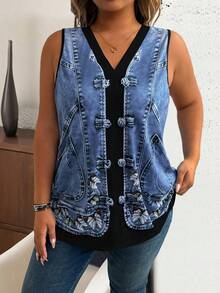 EMERY ROSE 大码女式 V 领无袖仿牛仔 3D 花卉印花休闲背心，适合休闲和度假 - 黑色 - 查看 4