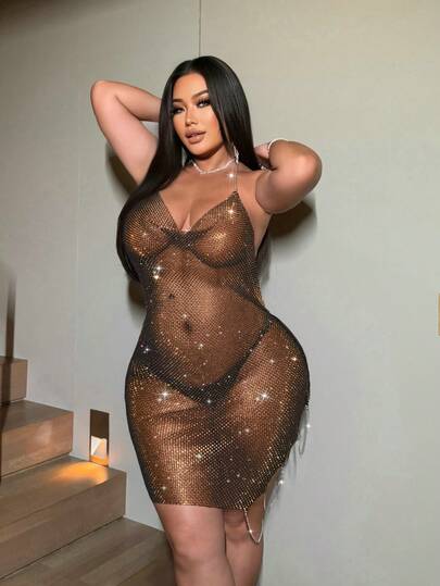 NU&NOW Valentine Sexy Beach Vacation Party Rhinestone Mesh Chain Decor Draped Neck Dress