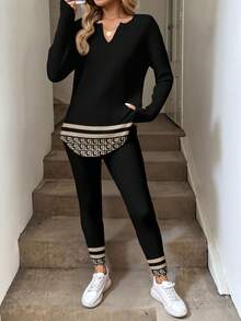 SHEIN LUNE 2pcs/Set Women Geometric Print Long Sleeve T-Shirt And Skinny Leggings, Autumn/Winter,Fall Fall Clothes For Women Winter Clothes Long Sleeve Sets 2 Pieces Lounge Sets Woman - Multicolor - View 3