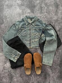 Attitoon Áo khoác denim mùa đông thu cổ điển Y2k cho nữ tay dài có viền tua rua phía trước, mặc hàng ngày - Rửa nhẹ - Xem 1